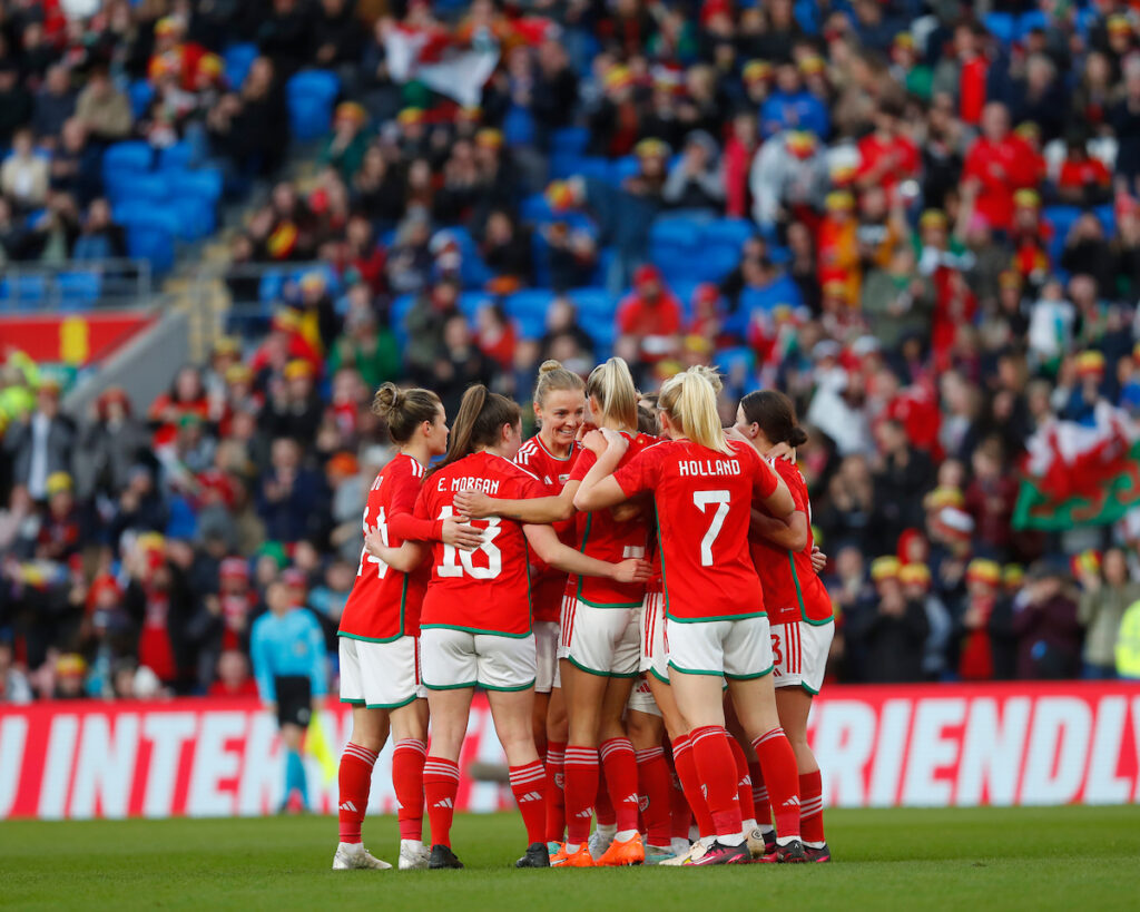 Thursday, APRIL 6, 2022: Wales' Jess Fishlock celebrates scoring  during the International Friendly against Northern Ireland at Cardiff City Stadium